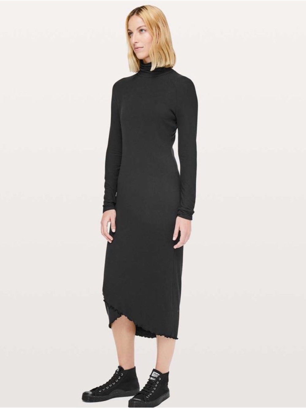 Lululemon Nai Lab Dress Sz 8 Black Ribbed Mock Neck MIDI Cashmere Blend Stretch